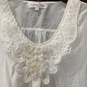 Pretty Angel White Boho Eyelet Lace Linen Blend Top Medium M cottagecore coastal